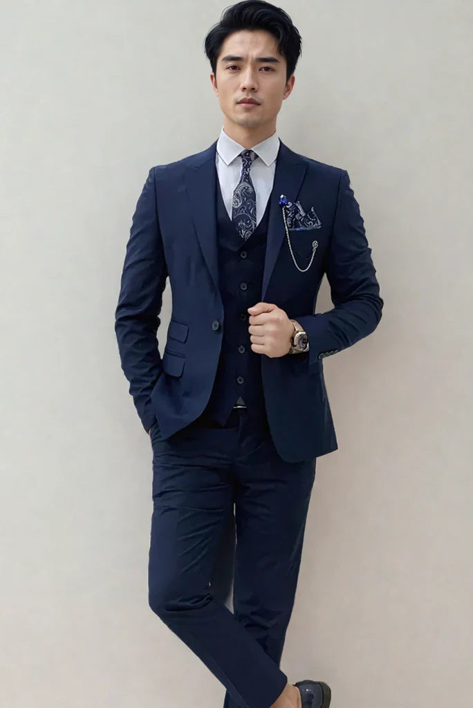 Men royal blue three piece suit-front
