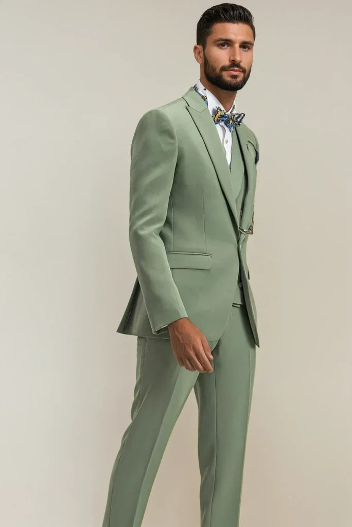 Men’s sage green 3-piece suit styled for wedding and party