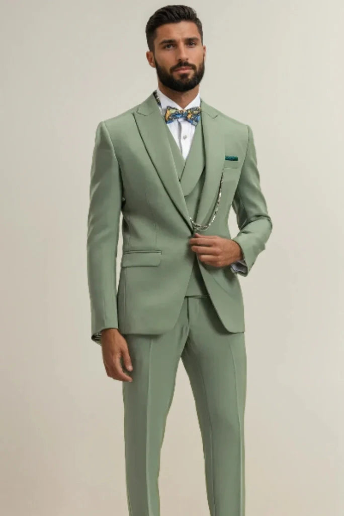 Men’s sage green 3-piece suit styled for wedding and party
