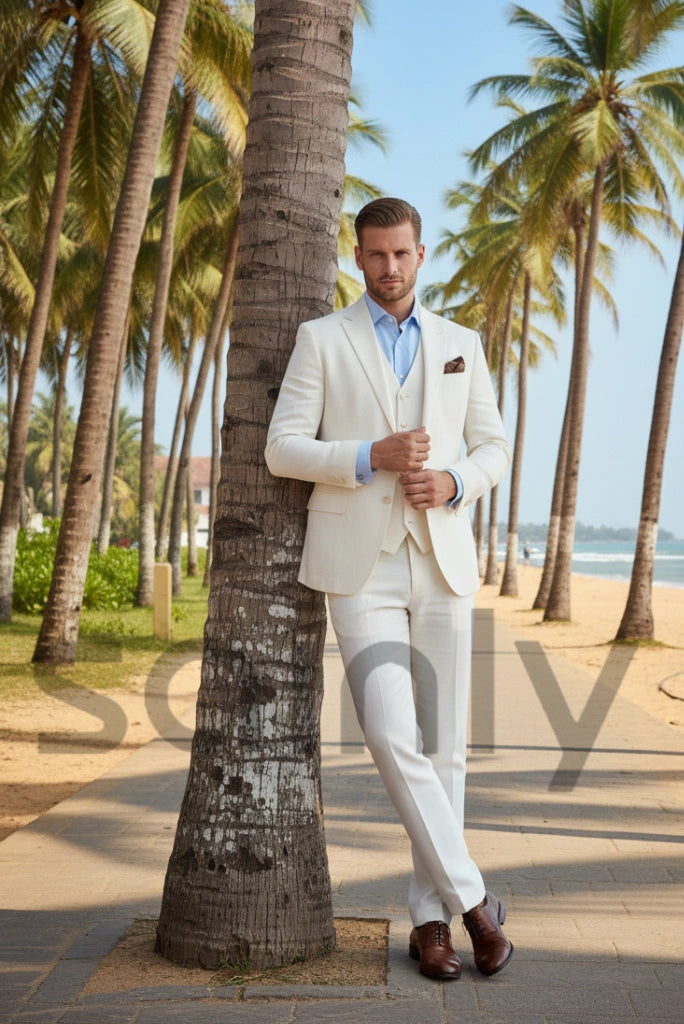 Men’s white 3 piece slim fit wedding suit