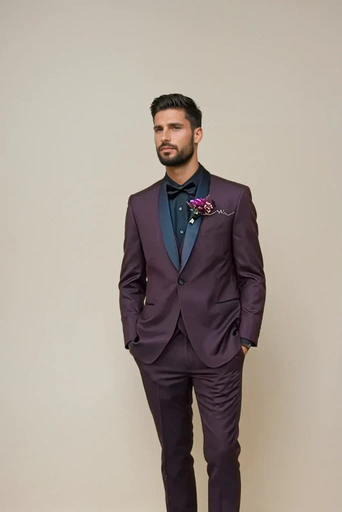 Men dark purple three piece suit-front