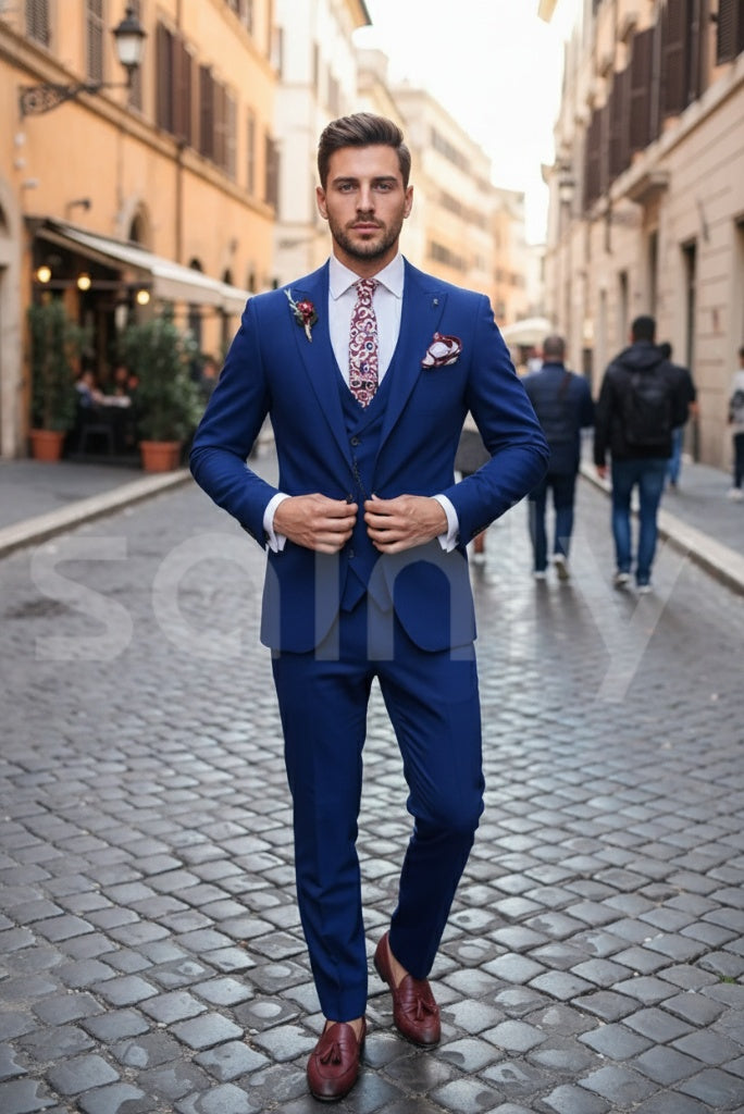 Classic royal blue formal party wear suit for men front