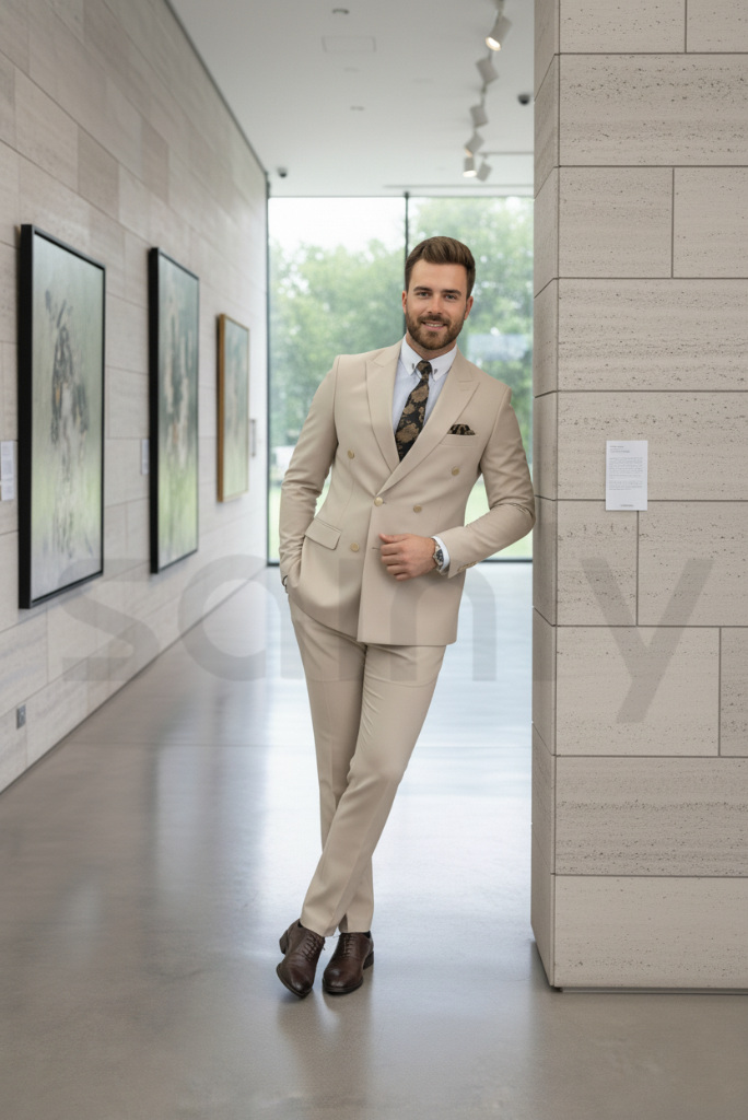 Men beige double breasted two piece suit-front