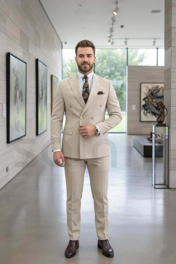 Men beige double breasted two piece suit-full front
