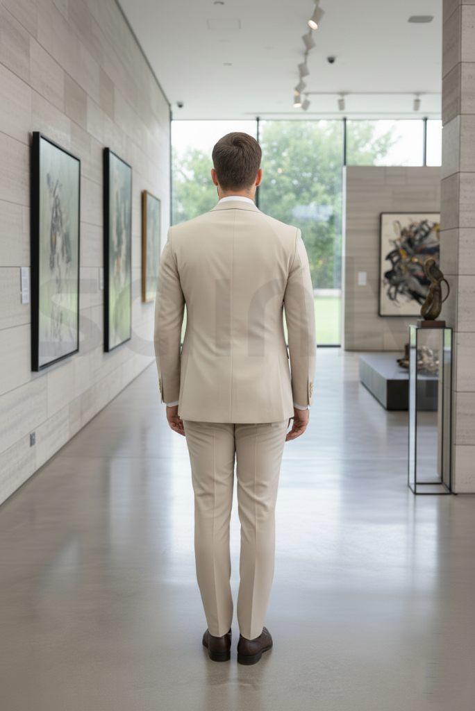 Men beige double breasted two piece suit-back