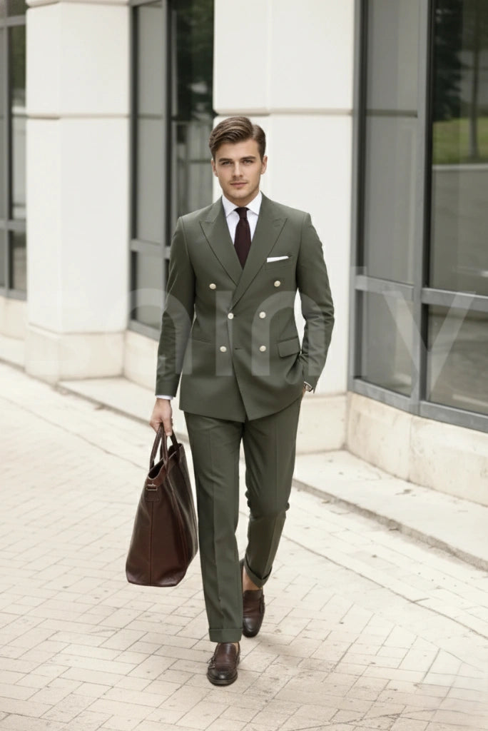 Men olive green two piece formal suit-front