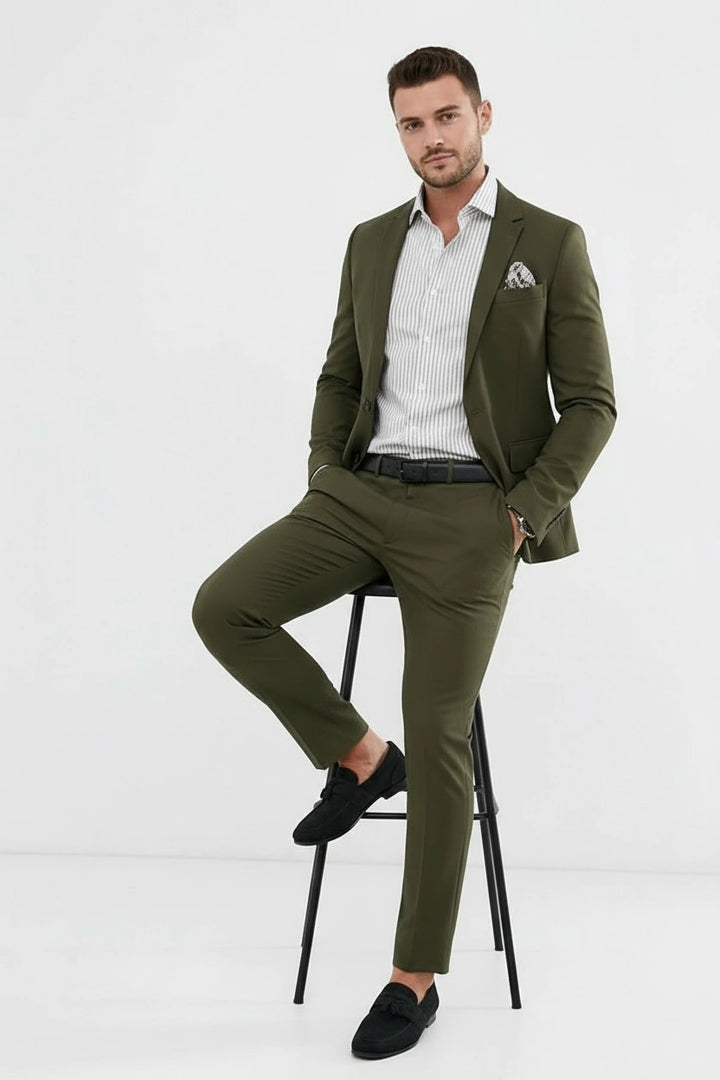 Men Olive Green Two-Piece Suit | Night Dinner Office And Party Wear