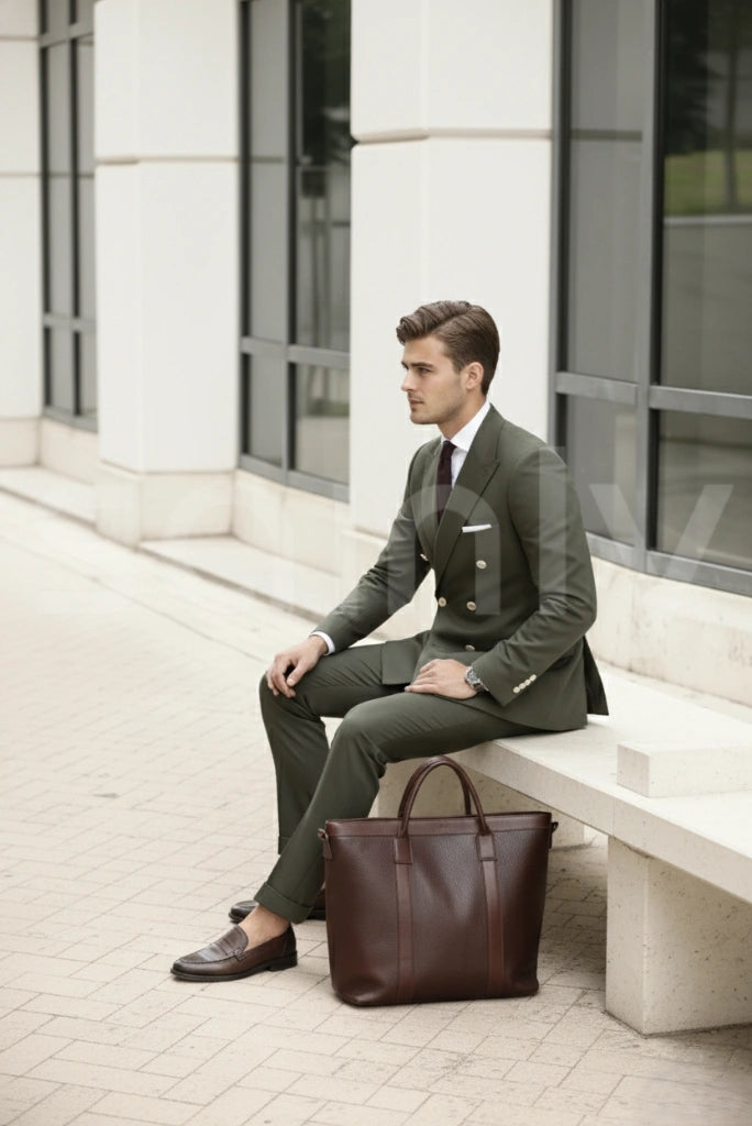 Men olive green two piece formal suit-sitting