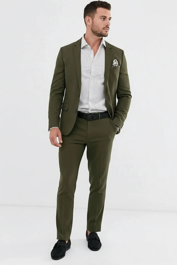 Men Olive Green Two-Piece Suit | Night Dinner Office And Party Wear