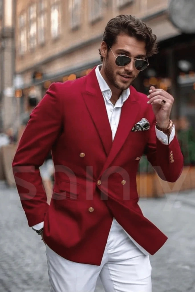 Red and White Double Breasted Suit for Men (Front)
