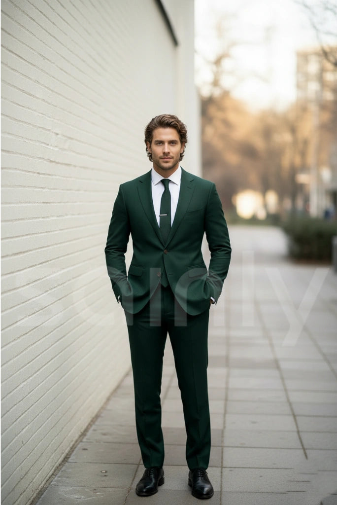 Sainly Mens Two Piece Hunter Green Suit (Full Front)
