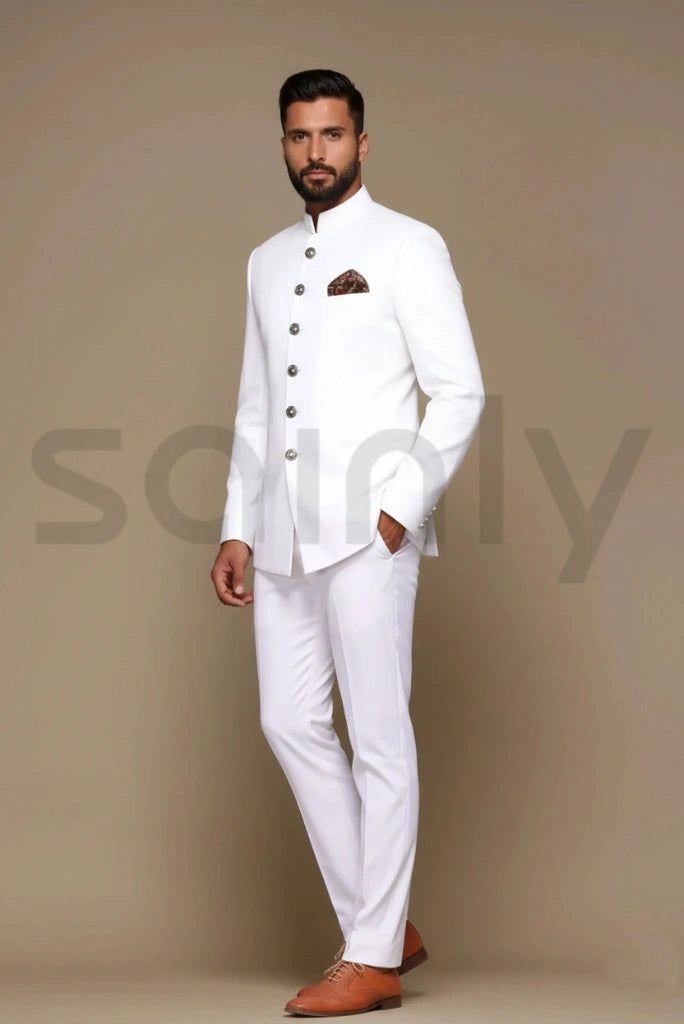 Men White Jodhpuri Bandhgala Suit | Festive Party And Wedding Outfit