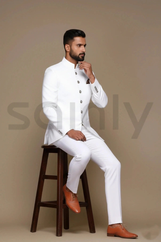 Men White Jodhpuri Bandhgala Suit | Festive Party And Wedding Outfit