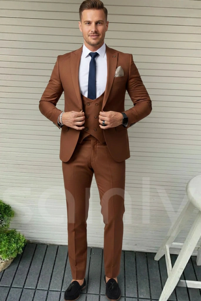 Men’s rust 3 piece slim fit prom wedding suit
