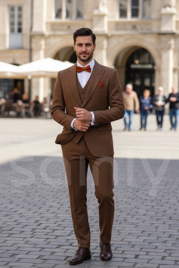 Men brown tweed 3 piece winter wedding suit