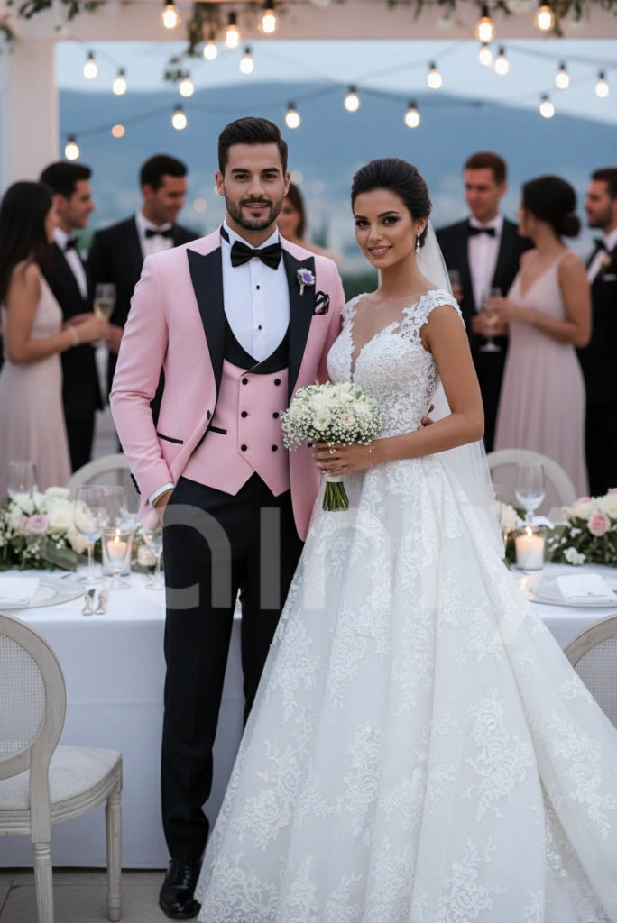 Men’s pink 3 piece slim fit wedding groom suit
