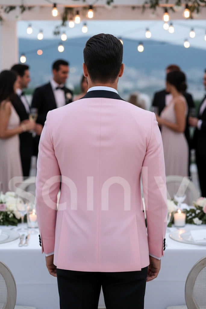 Bespoke tailored pink three piece tux suit back