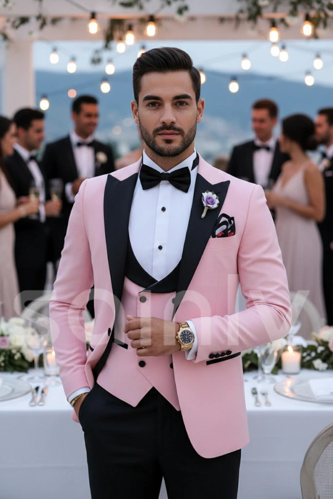 Stylish pink one button tuxedo suit for men front