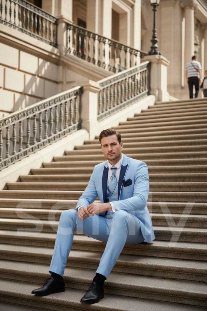 Bespoke tailored sky blue formal tuxedo