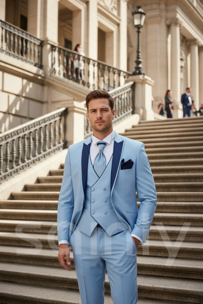 Men’s sky blue 3 piece tuxedo wedding suit