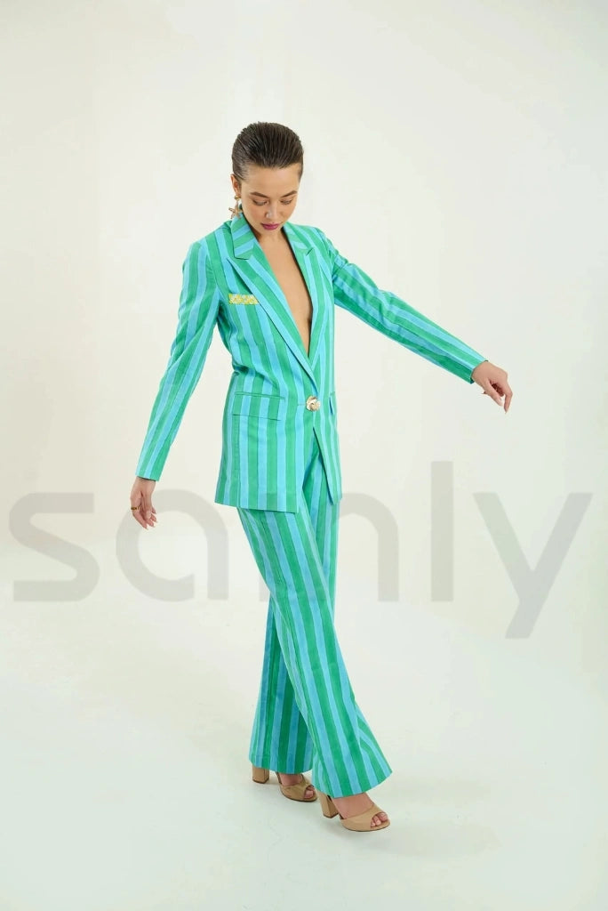 Women two piece green and blue co ord set for casual wear-side