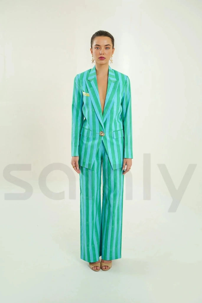 Stylish women green and blue matching co ord outfit-Front