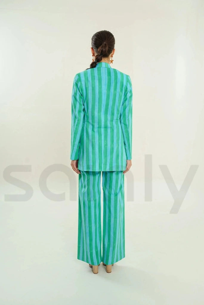 Trendy hand block printed green and blue striped outfit