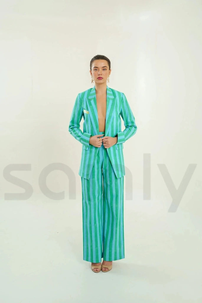 Traditional hand block printed green and blue co-ord set for cultural events