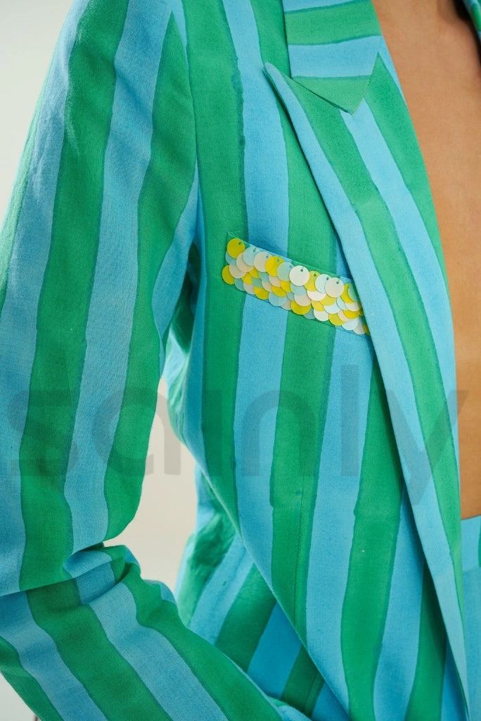 Green and blue striped hand block co-ord set ideal for casual and festive wear