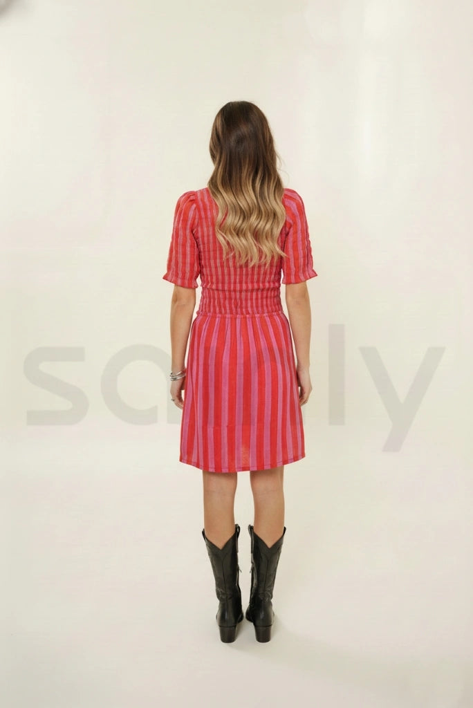 Female smocked red and pink summer dress-back