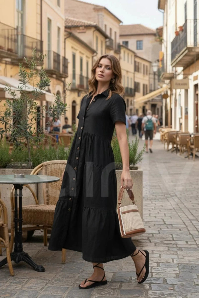 Elegant women black A-line dress with flared hem- side