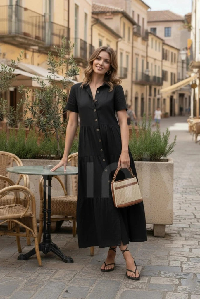 Women black A-line midi dress for casual and party wear