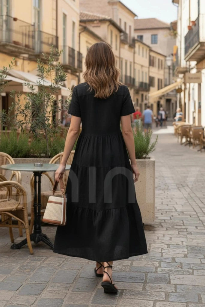 Chic black A-line dress for evening events and outings-back