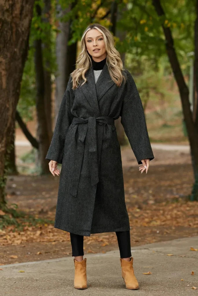 Women grey long coat-front