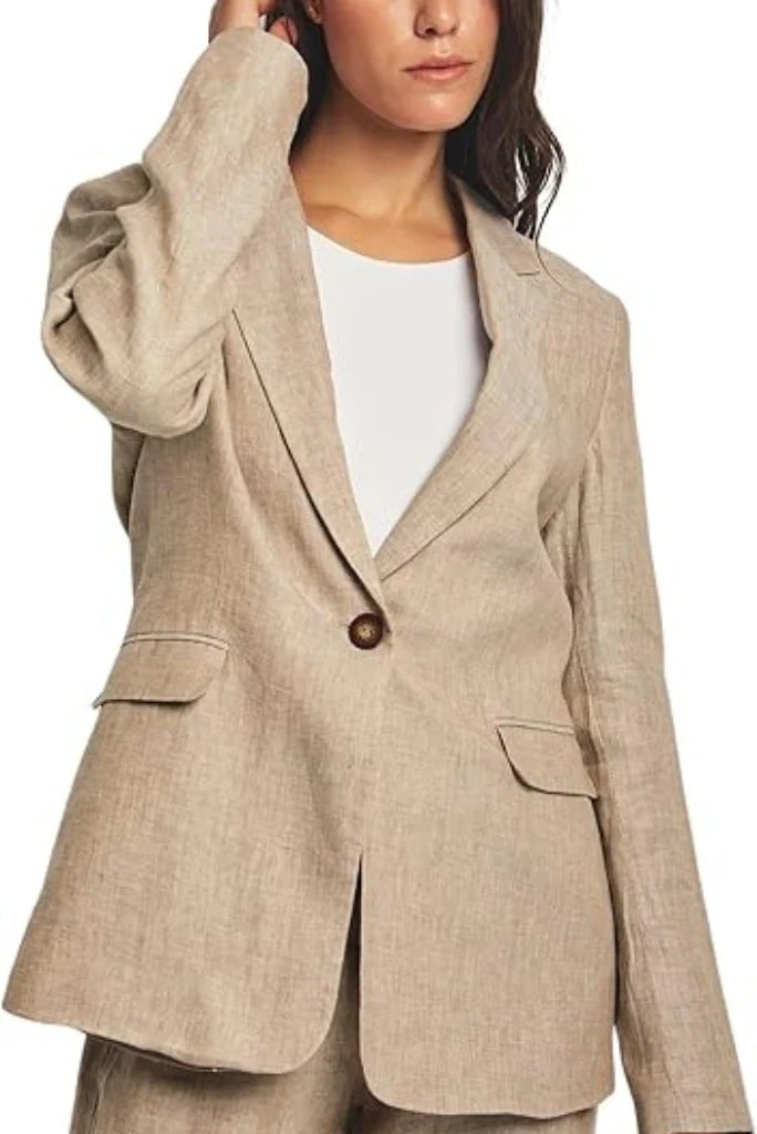Women beige linen formal blazer outfit