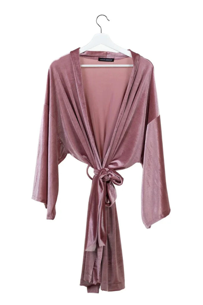 Women Rose Pink Velvet Kimono, Night Wear Kimono for Her