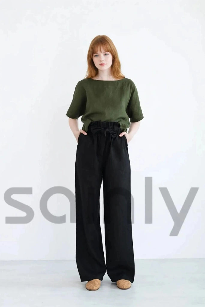 Women black paper bag trouser-front
