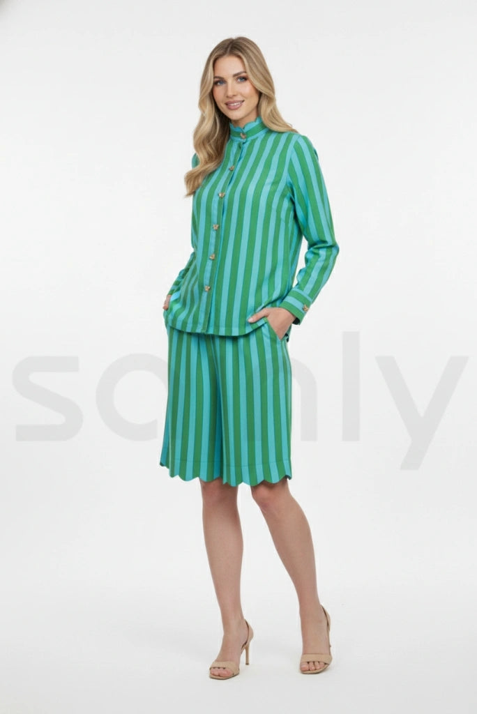 Stylish women sky blue and green matching shirt and shorts-side