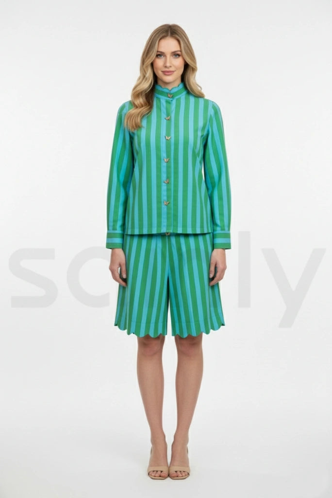 Women sky blue and green shorts and shirt co ord set-front