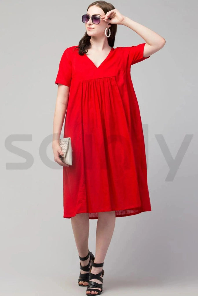 Women red midi dress front view