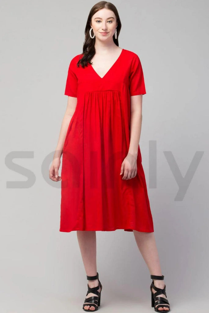 Elegant women red midi dress for party wear