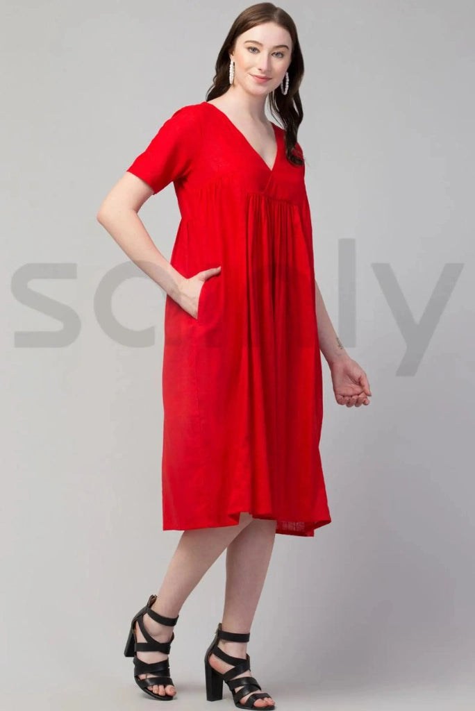 Red midi dress for women casual and evening wear