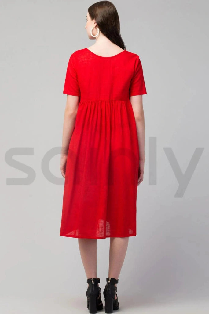 Women classic red midi dress outfit-back