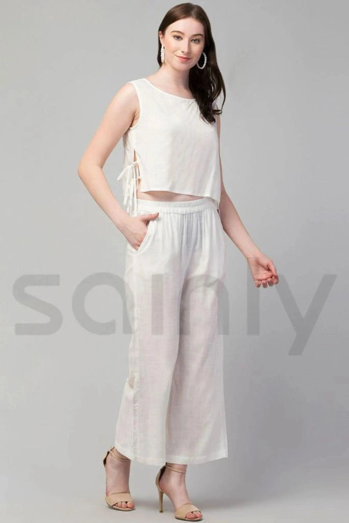 Women white linen two piece outfit crop top and pants-side