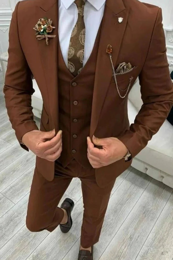 brown men wedding three piece suit-Front