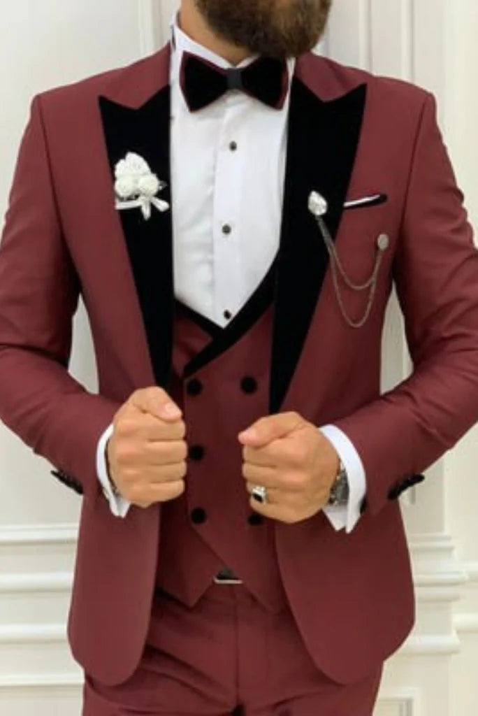 three piece burgundy groom wear suit for men-Front