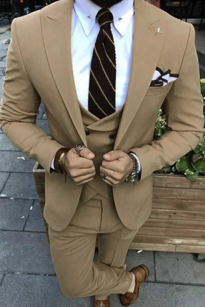 three piece camel brown wedding wear suit for men-Front