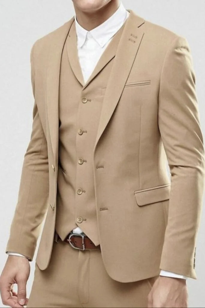 beige three piece suit for men-Front