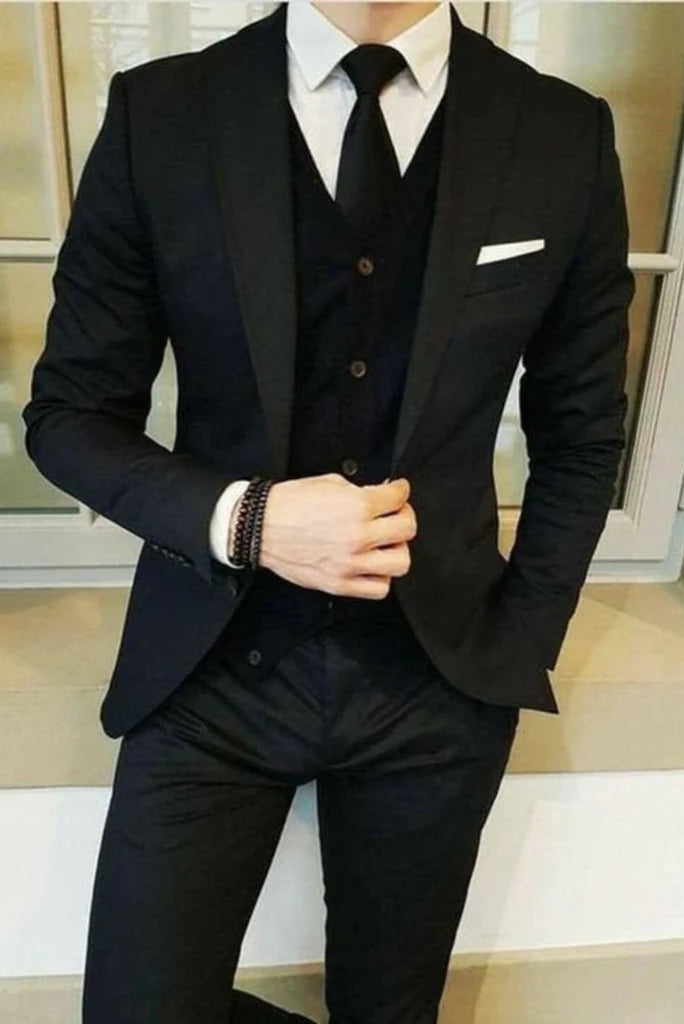 three piece black wedding suit for men-Front