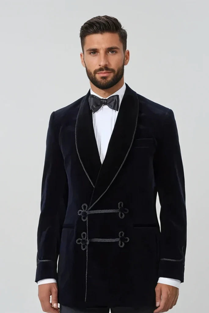 dark blue velvet smoking jacket for men-Front
